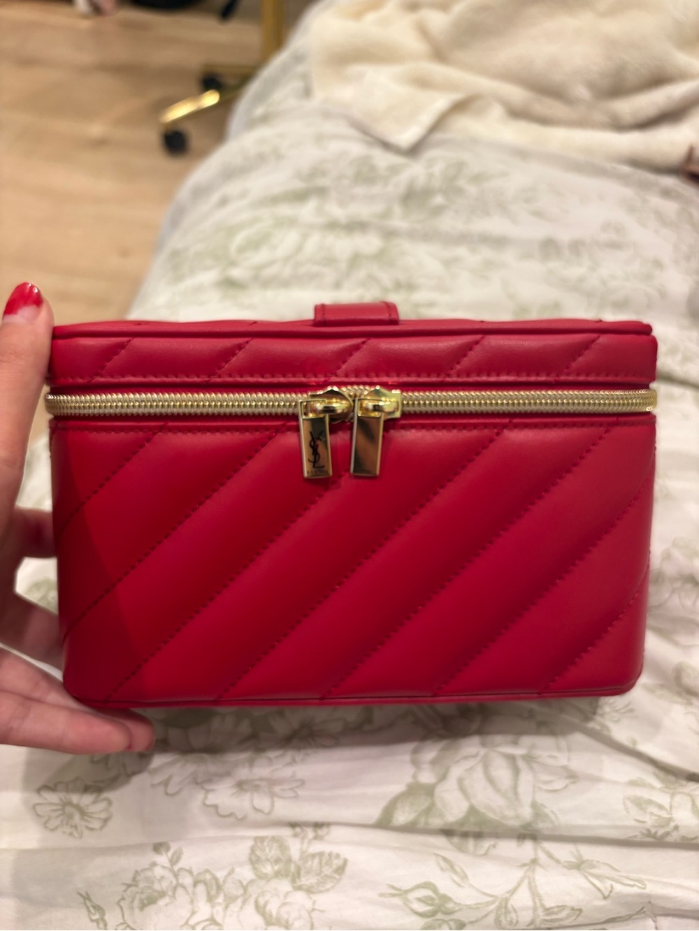 Yves Saint Laurent Red Quilted Leather Cosmetic Vanity Case with Gold Hardware